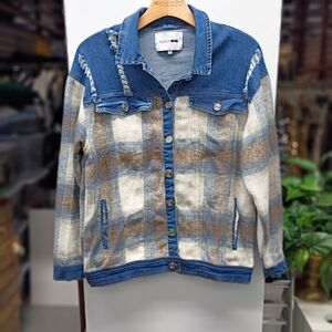 Fashion Nova Blue and Brown Plaid Jean Jacket